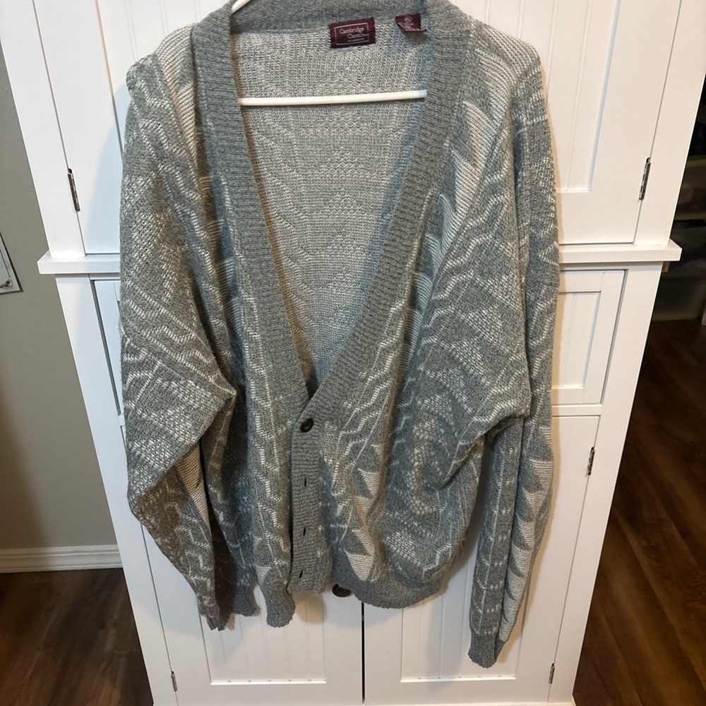 Cambridge Classics XL Gray Geometric Grandpa Cardigan Sweater Vintage Dadcore